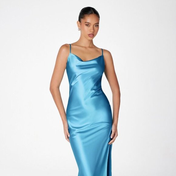 New Mermaid Sleeveless Solid Evening Gown w/ Cowl Neck & Side Leg Slit CD T2000 - Picture 1 of 10
